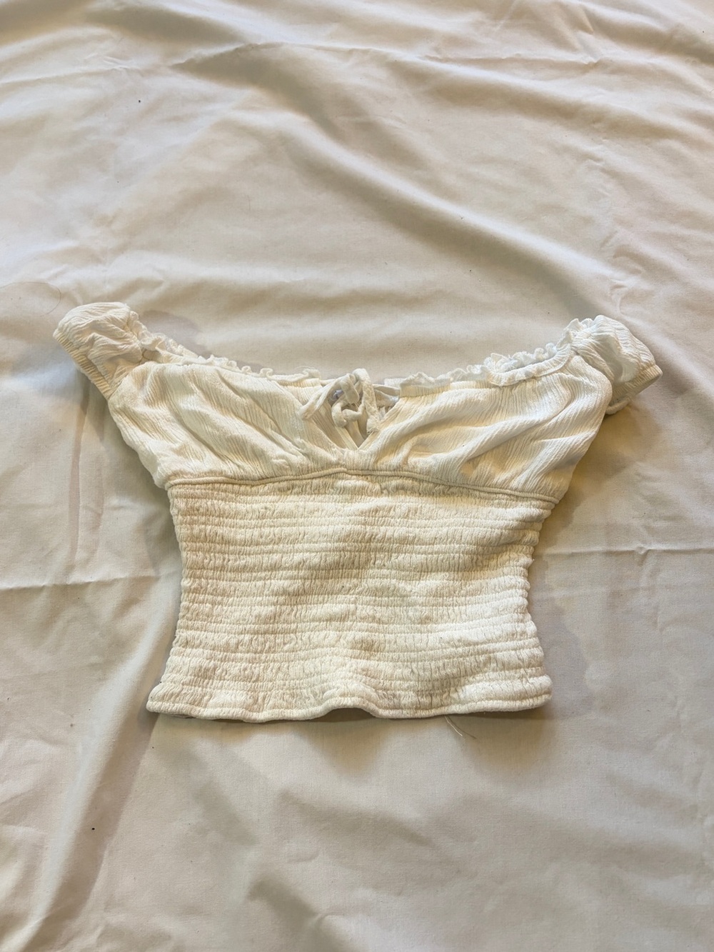 Garage White Off-Shoulder Smocked Crop Top